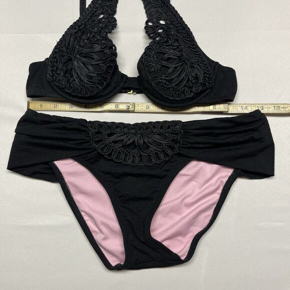 Betsey Johnson Lace Bikini Top Bottom Pink Black - Picture 4 of 10
